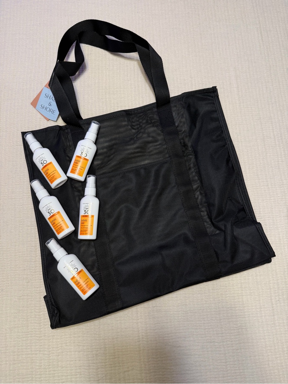 Mesh beach bag and five pack tahiti isle bath and body works spray sunscreen spf